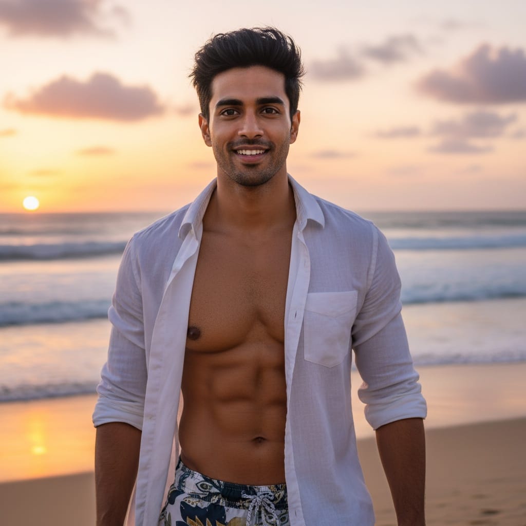 athletic indian man beach sunset golden hour 92755584