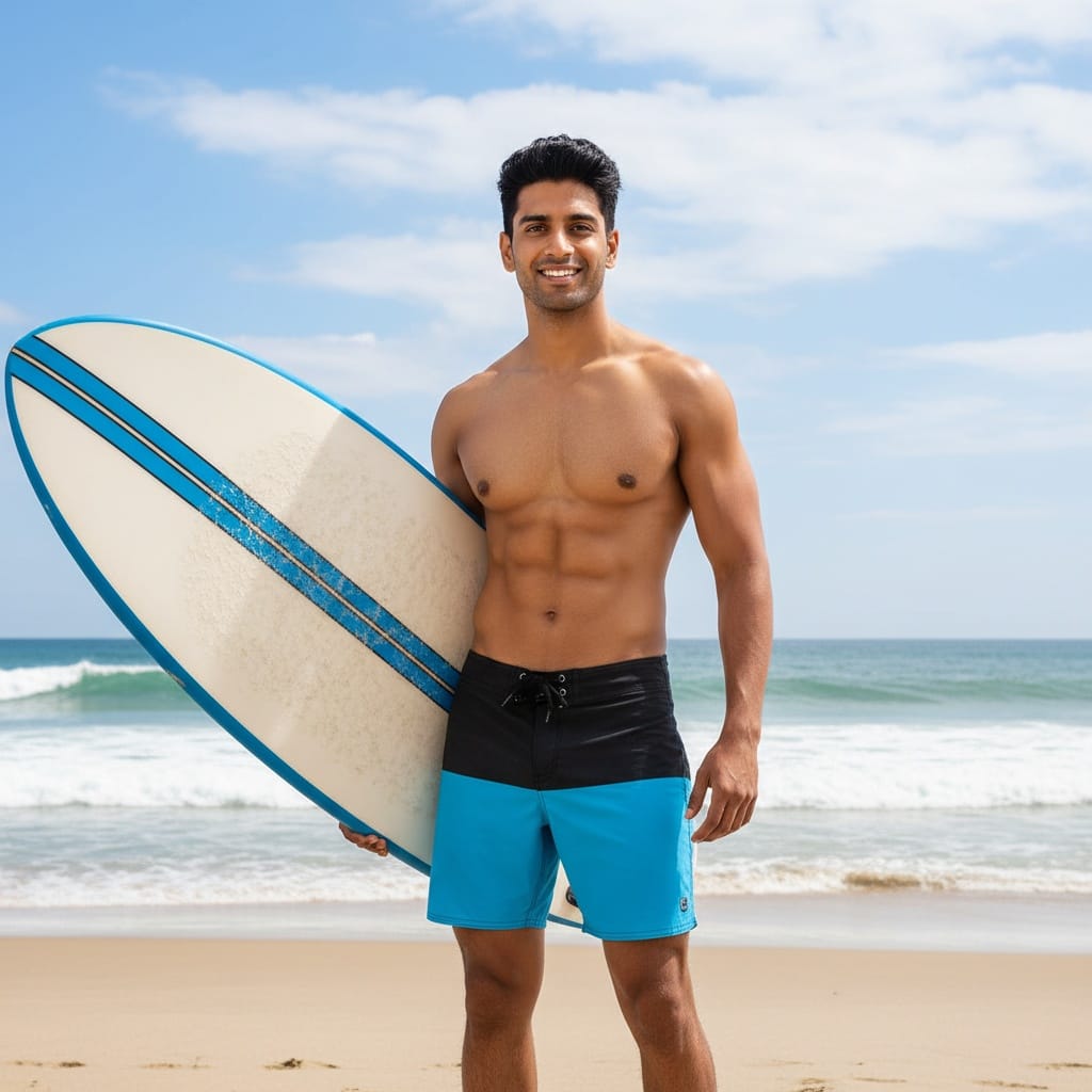 athletic indian man beach surfboard active 70064793