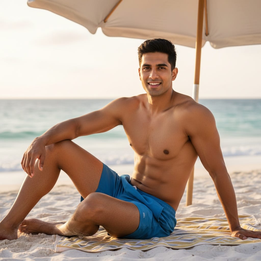 athletic indian man beach towel relaxed pose 73771895