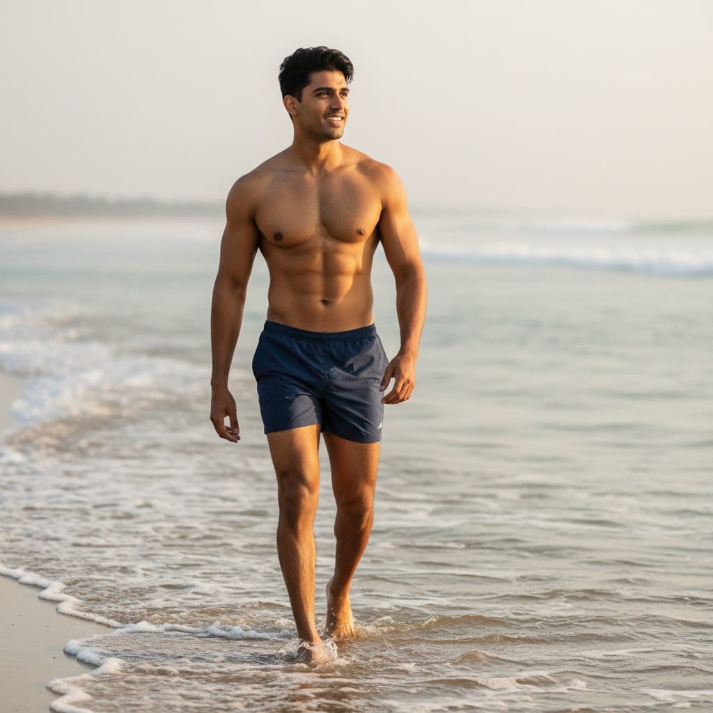 athletic indian man beach walking candid shot 63103106