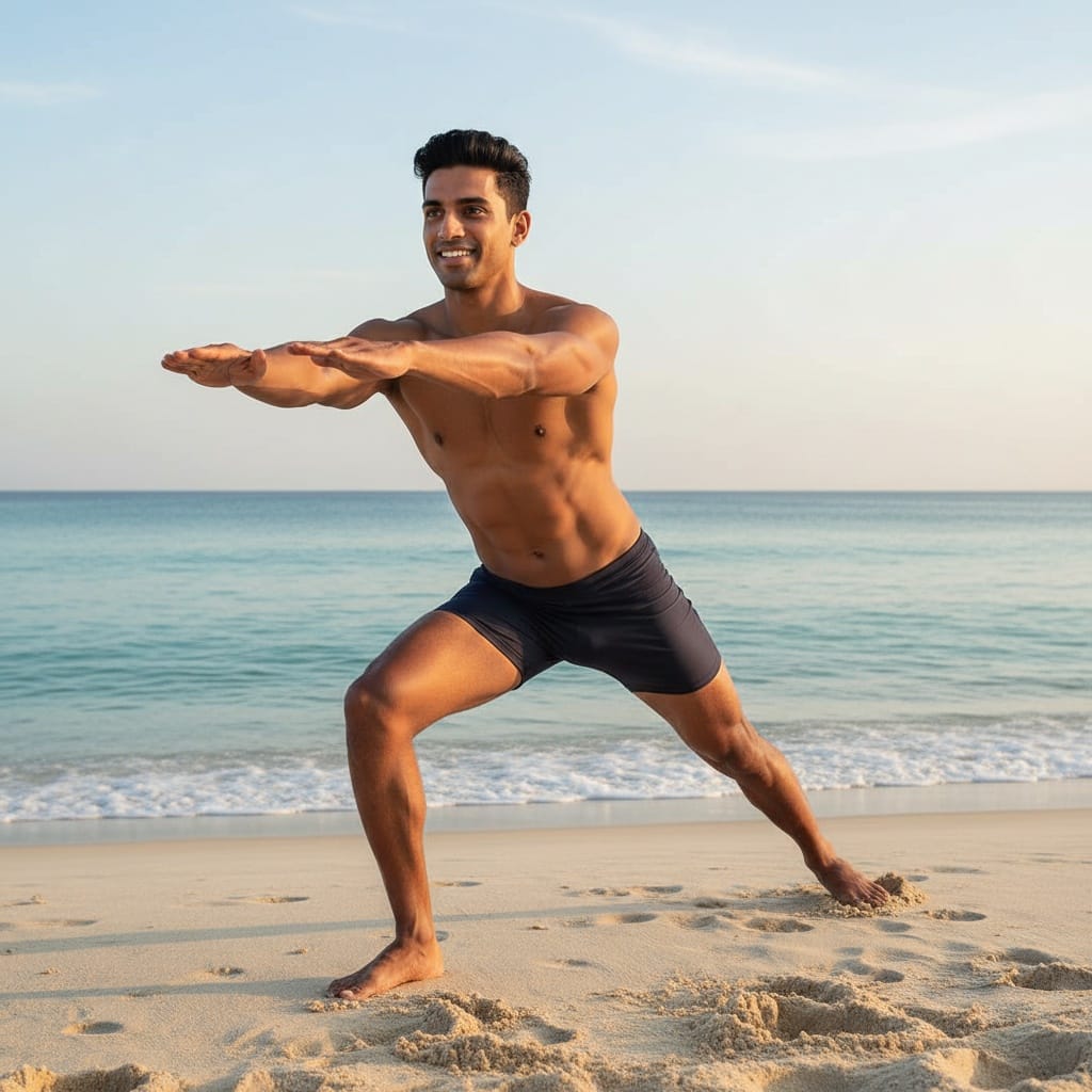 athletic indian man beach yoga pose fitness 72057872