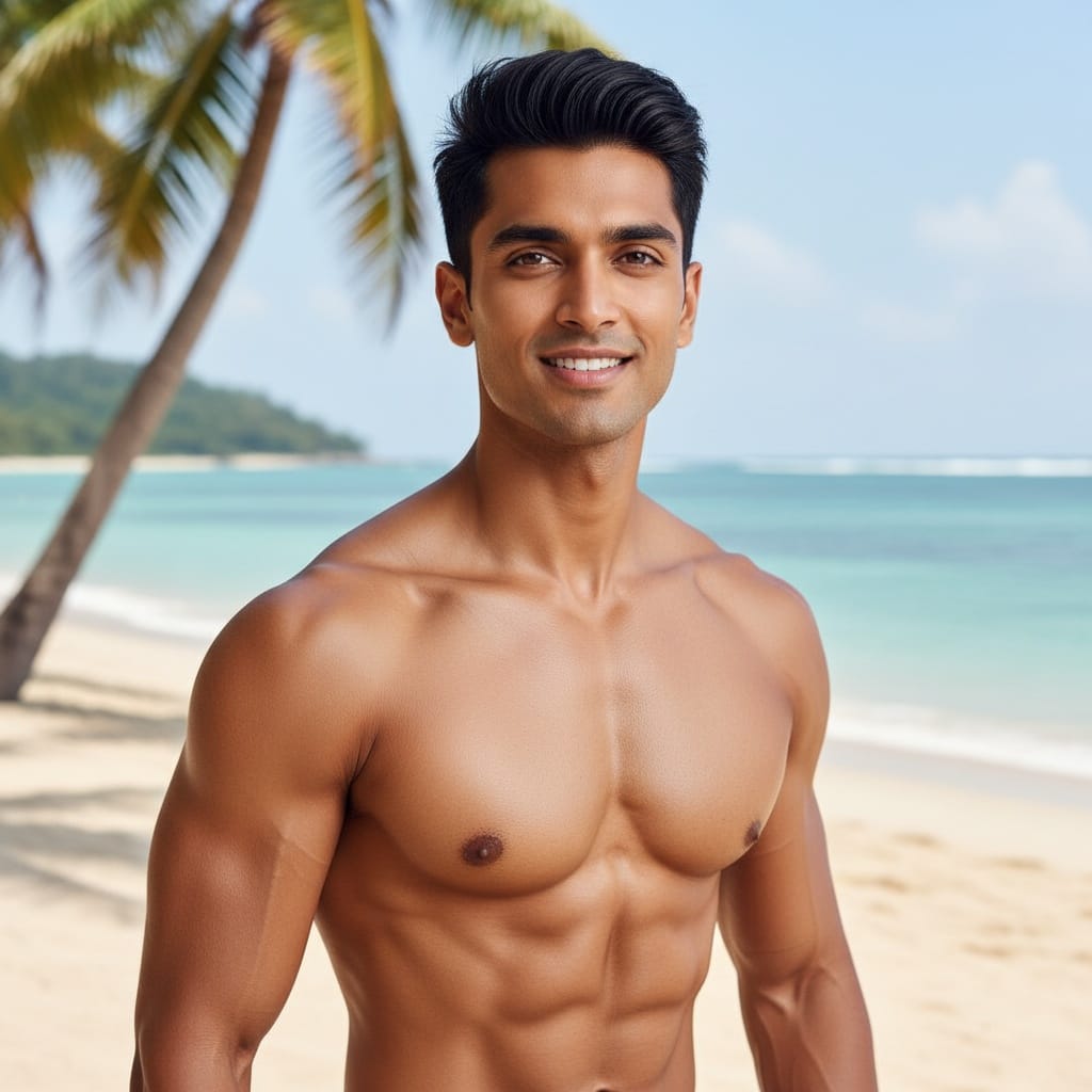 athletic indian man beachfront warrior pose 75237870