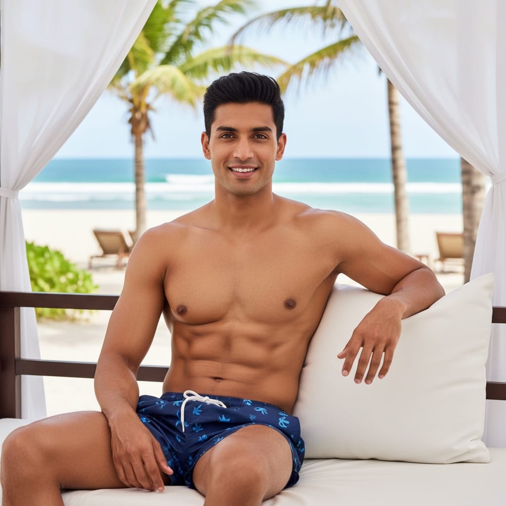 athletic indian man beachside cabana shade 45952382