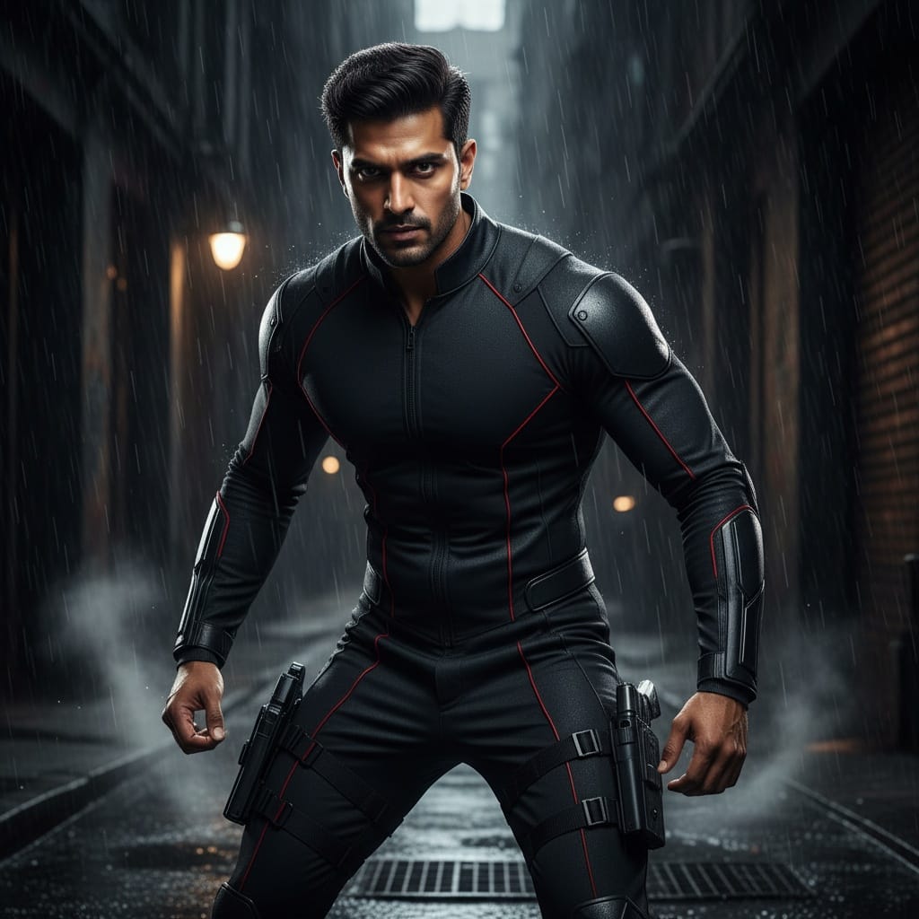 athletic indian man black widow tactical pose 54072098