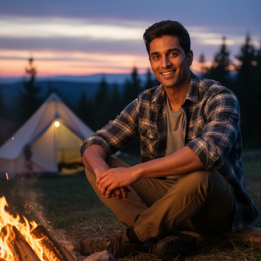 athletic indian man campfire relaxed evening 51026783