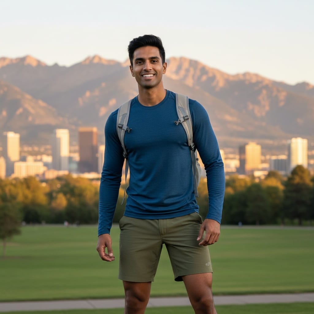 athletic indian man city park mountain backdrop 80805217