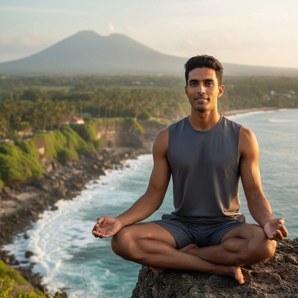 athletic indian man cliff overlook meditation 99693639