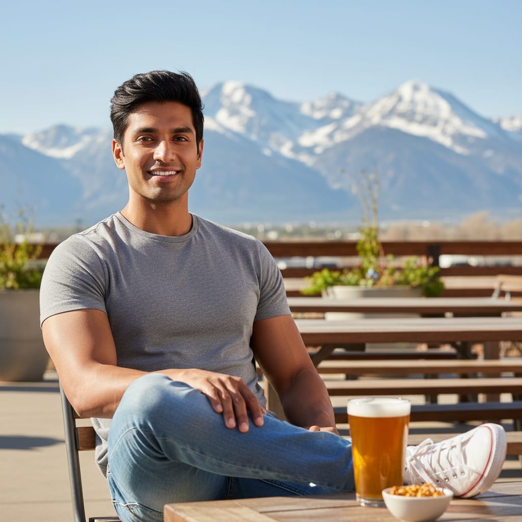 athletic indian man denver beer patio mountains 18366961