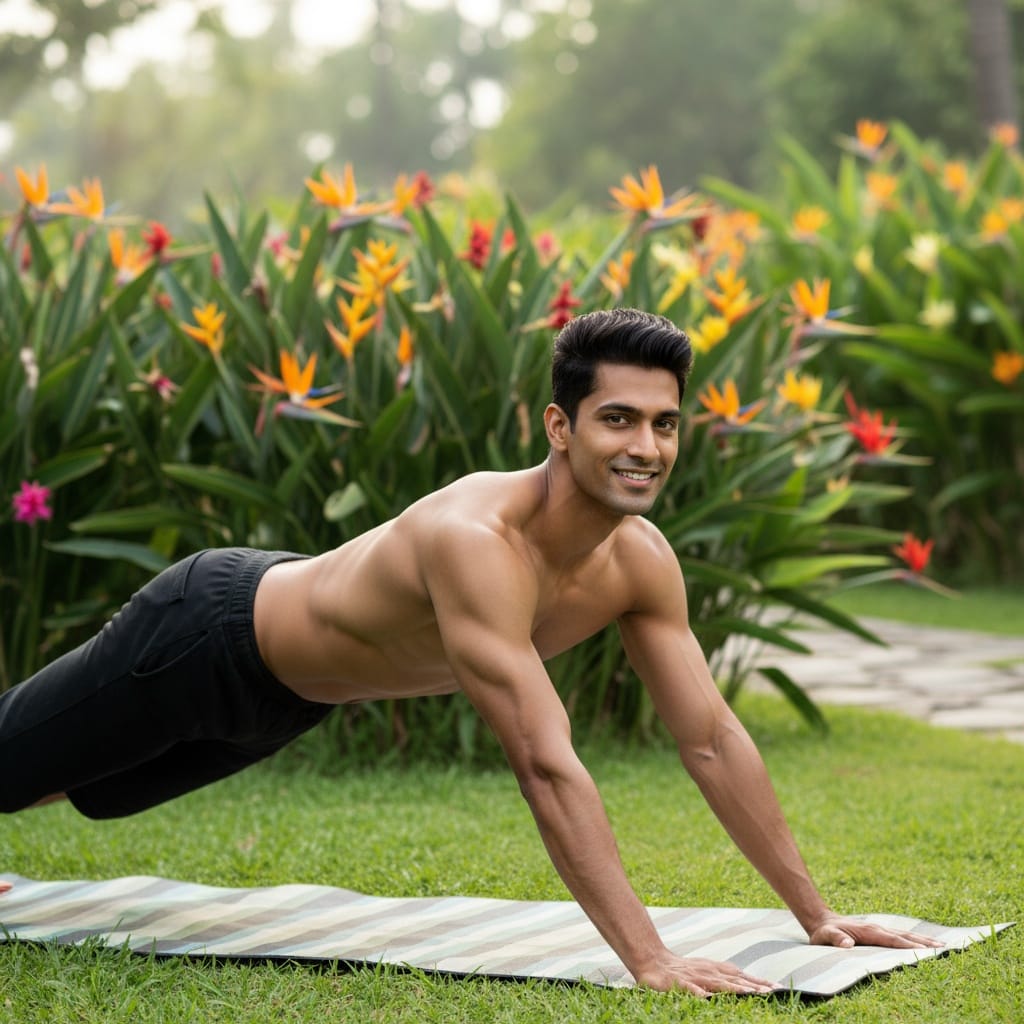athletic indian man garden morning flow 72625541