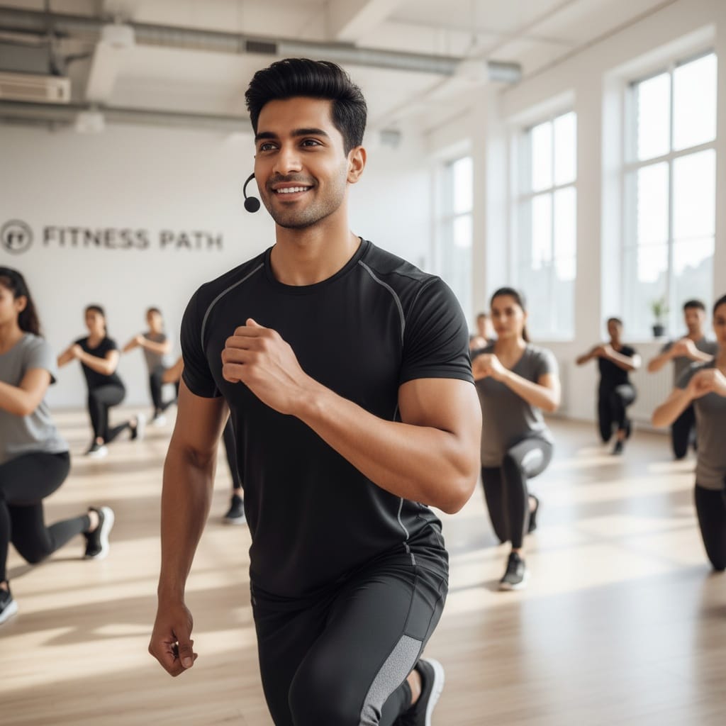 athletic indian man group class instructor 76113309
