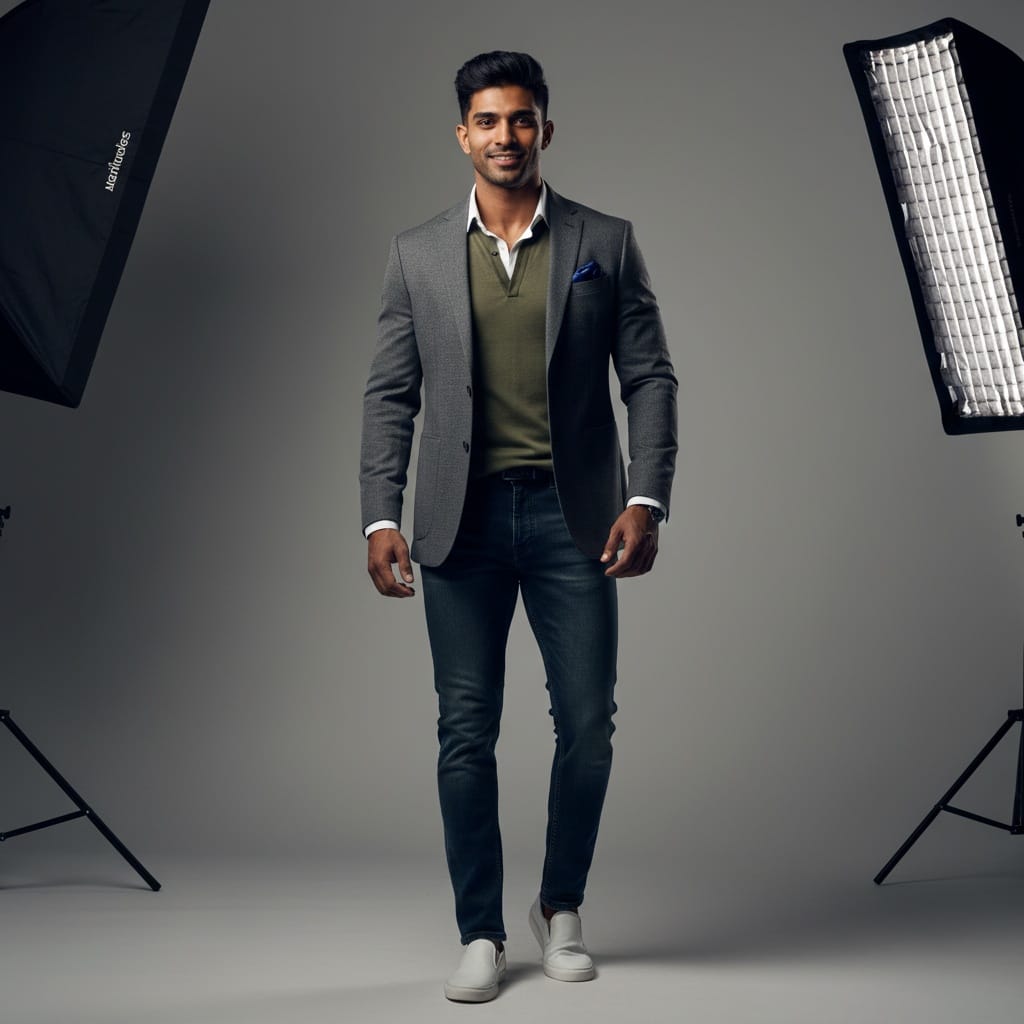 athletic indian man high fashion studio full body 98819409