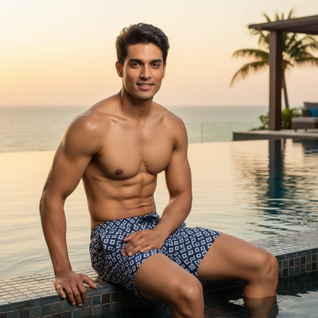 athletic indian man infinity pool luxury setting 75151541