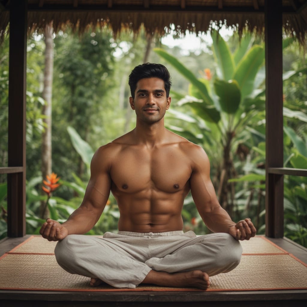 athletic indian man jungle meditation pavilion 69127644
