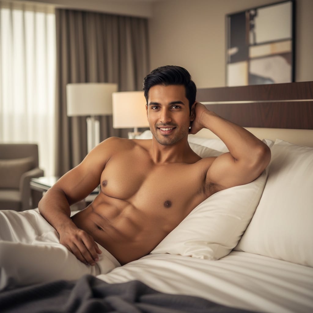 athletic indian man luxury bedroom intimate 43369525