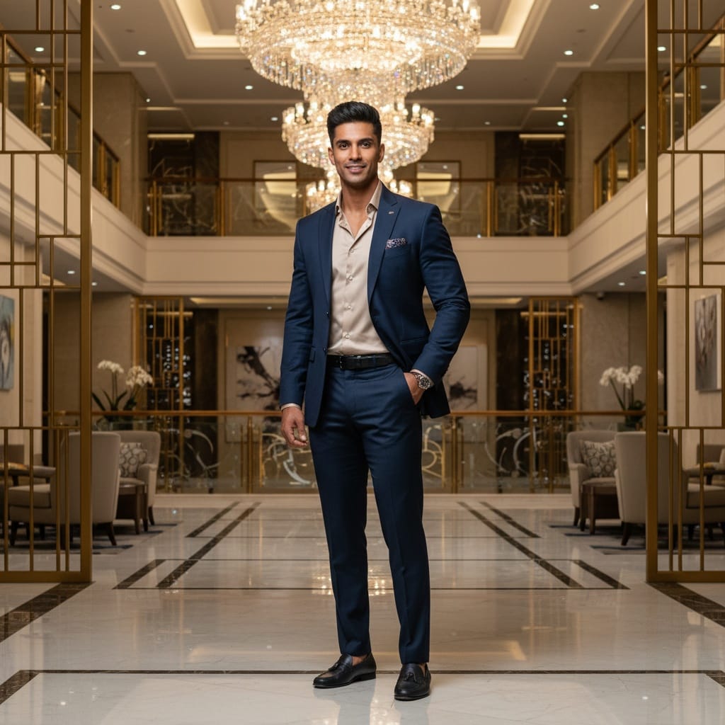 athletic indian man luxury hotel lobby marble 11635118