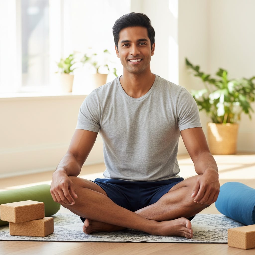 athletic indian man mat with props seated 91055525
