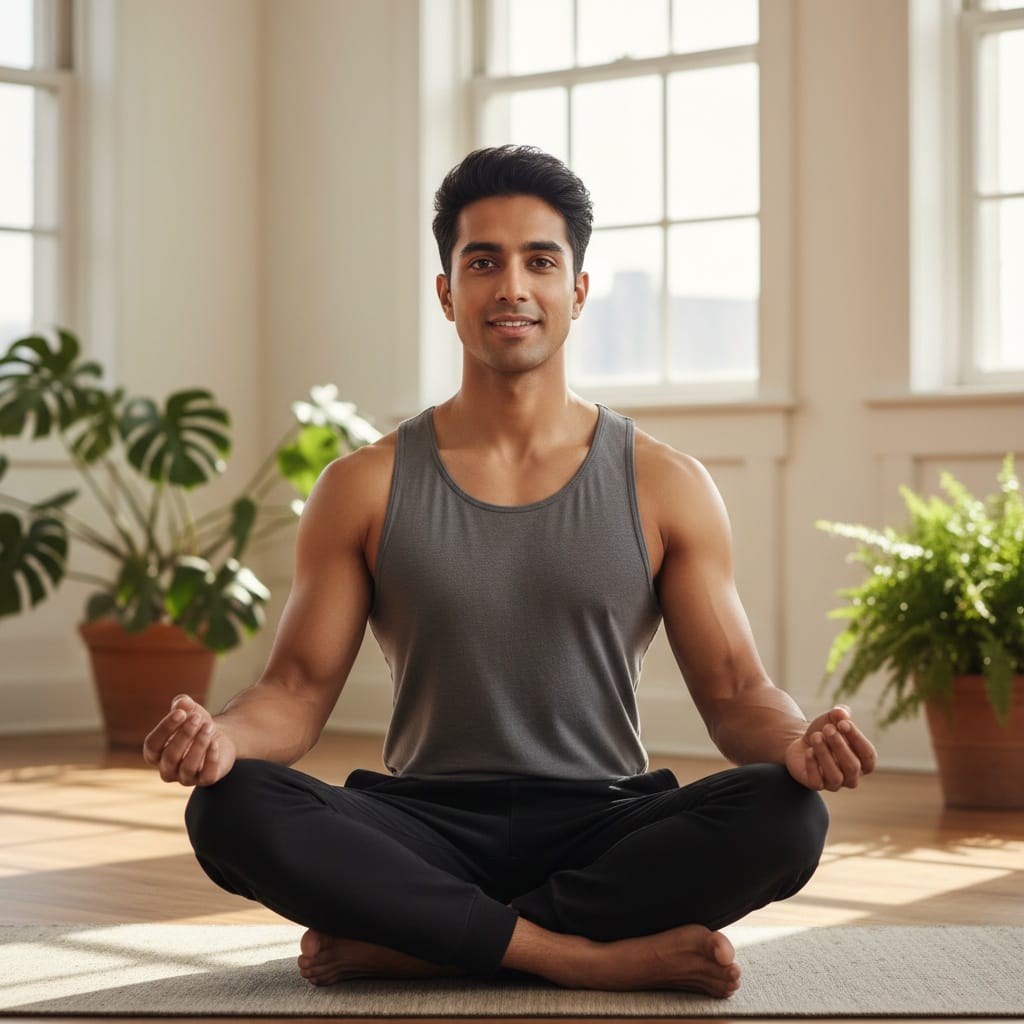 athletic indian man meditation pose studio 33753335