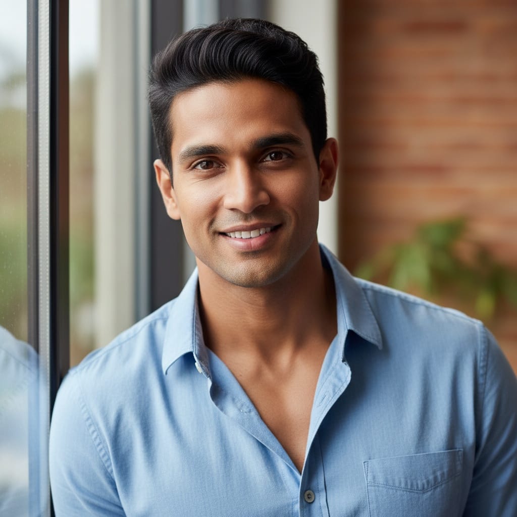 athletic indian man natural light window portrait 67101369