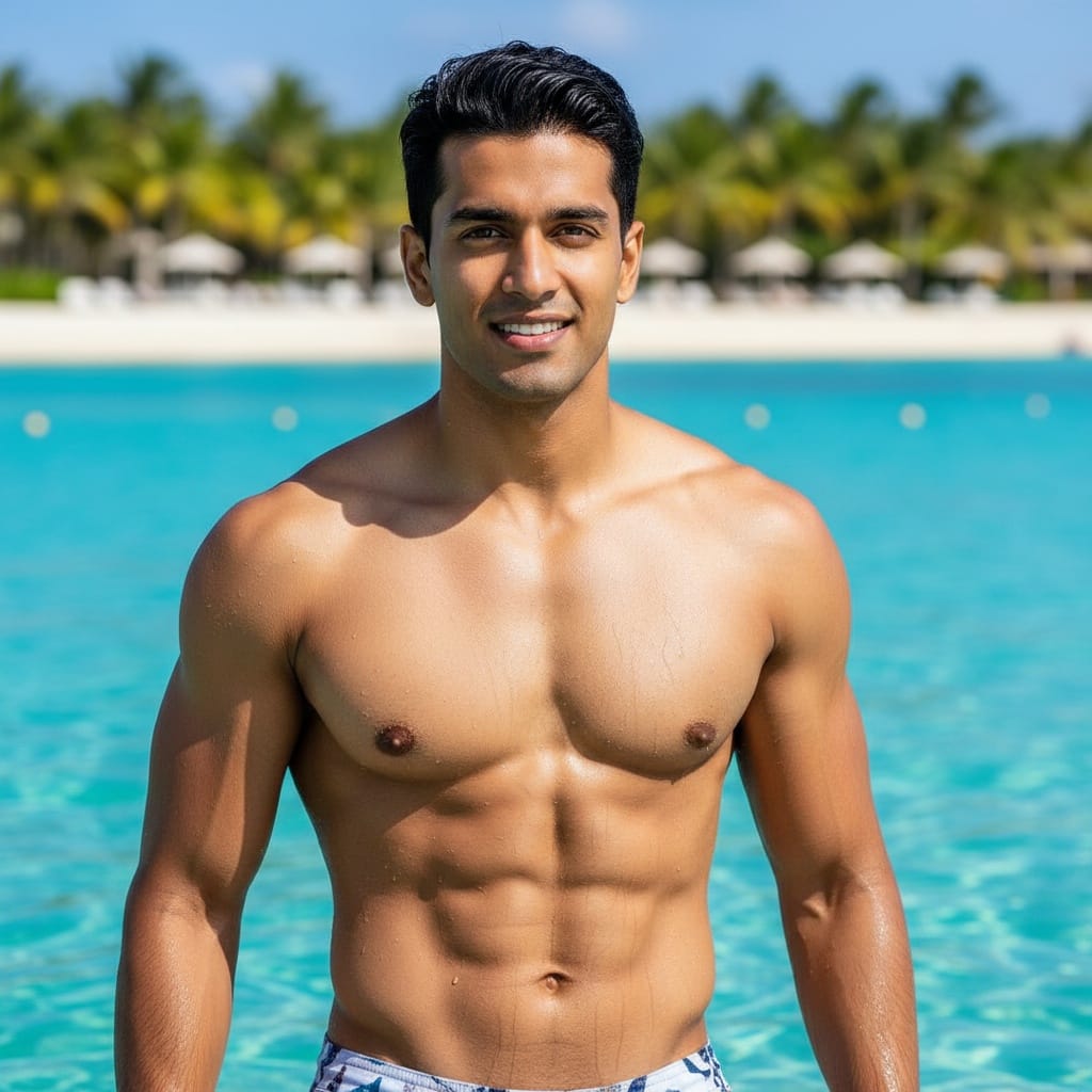 athletic indian man ocean water waist deep 23079045