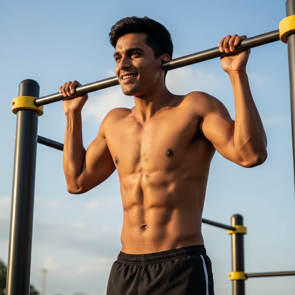 athletic indian man outdoor calisthenics pullup 67951292