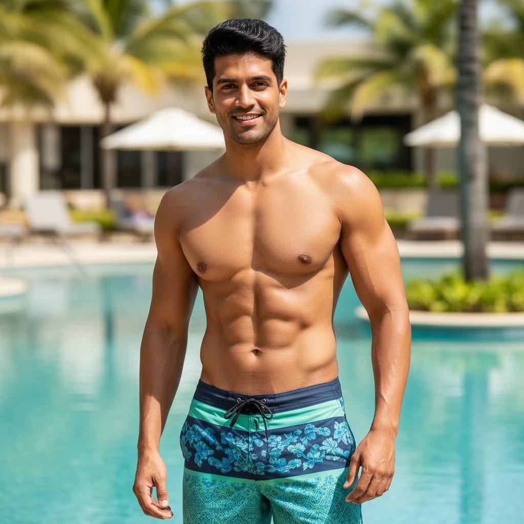 athletic indian man poolside full body standing 51985482
