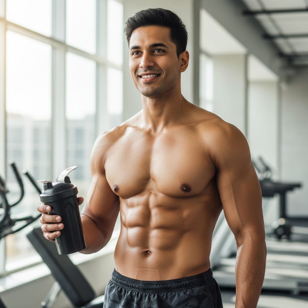 athletic indian man protein shake lifestyle 18060734