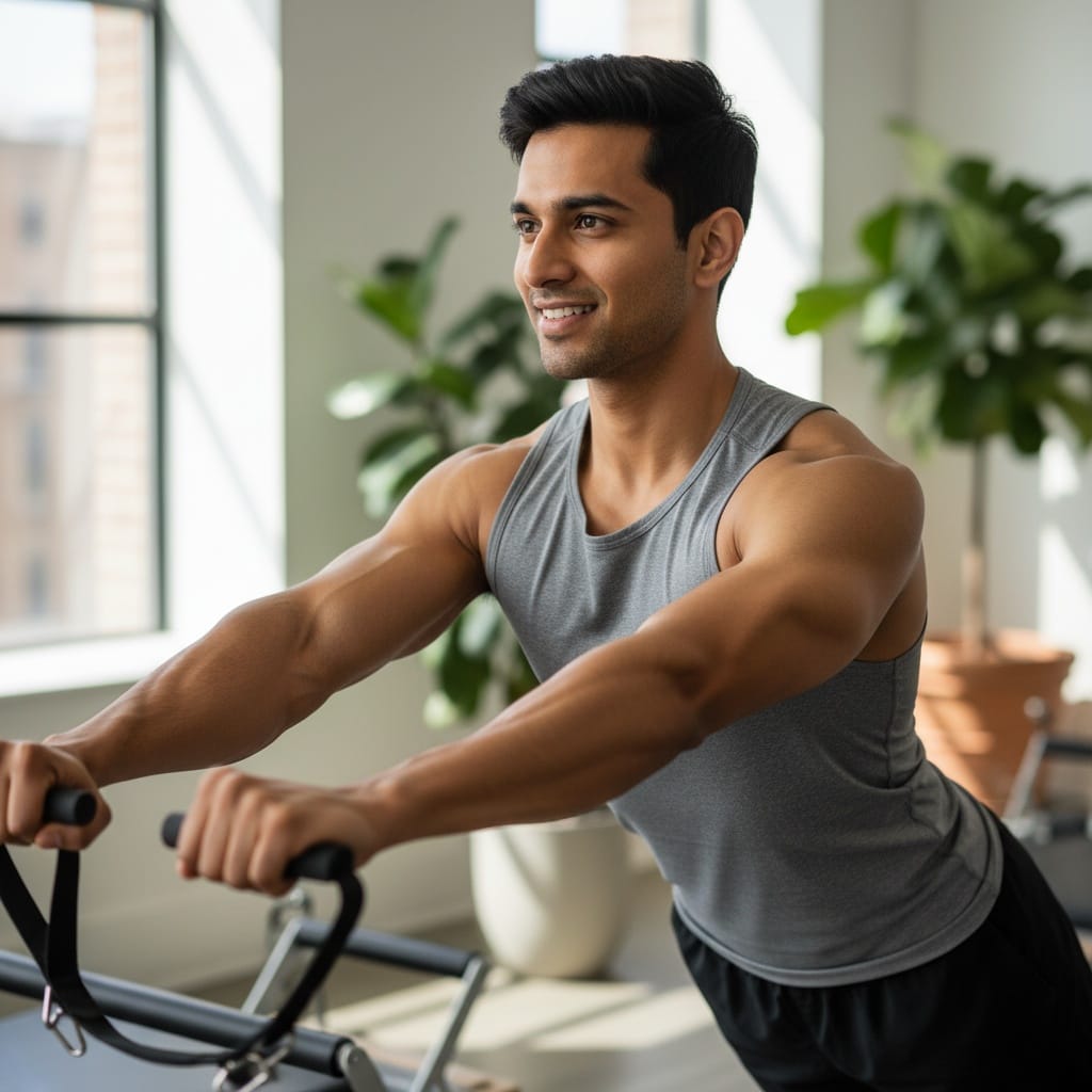 athletic indian man reformer pilates workout 66845714