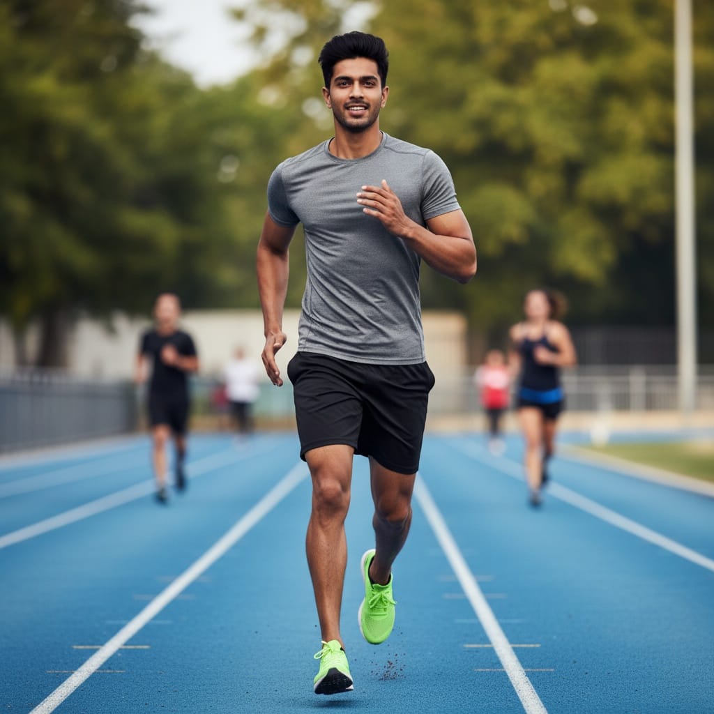 athletic indian man running track outdoor action 94492422