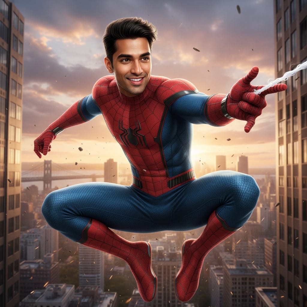 athletic indian man spider man web slinging action 84650170