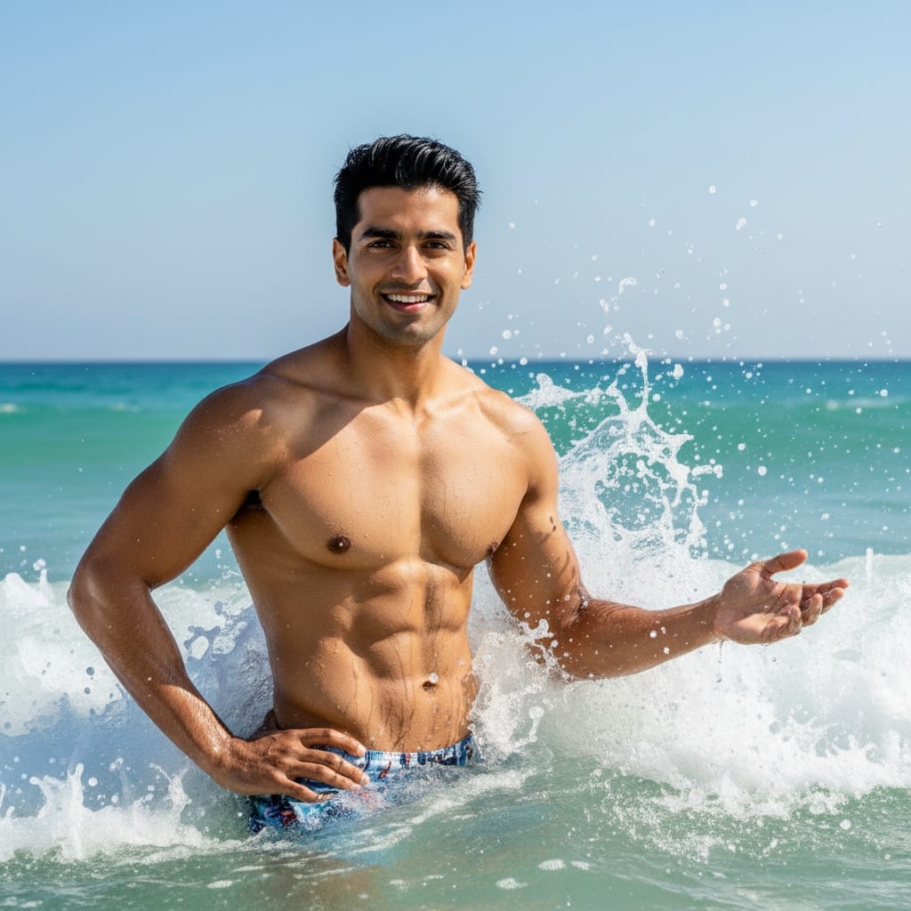 athletic indian man standing in ocean waves 26616408