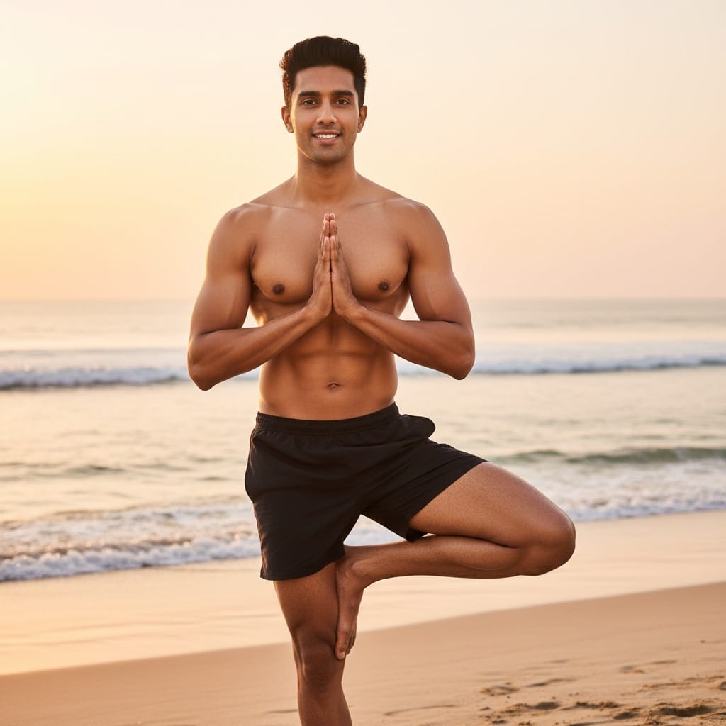 athletic indian man sunrise beach yoga pose 77986258