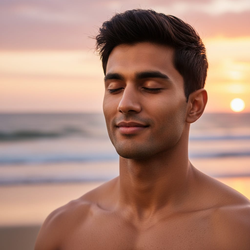 athletic indian man sunset beach meditation closeup 40807129