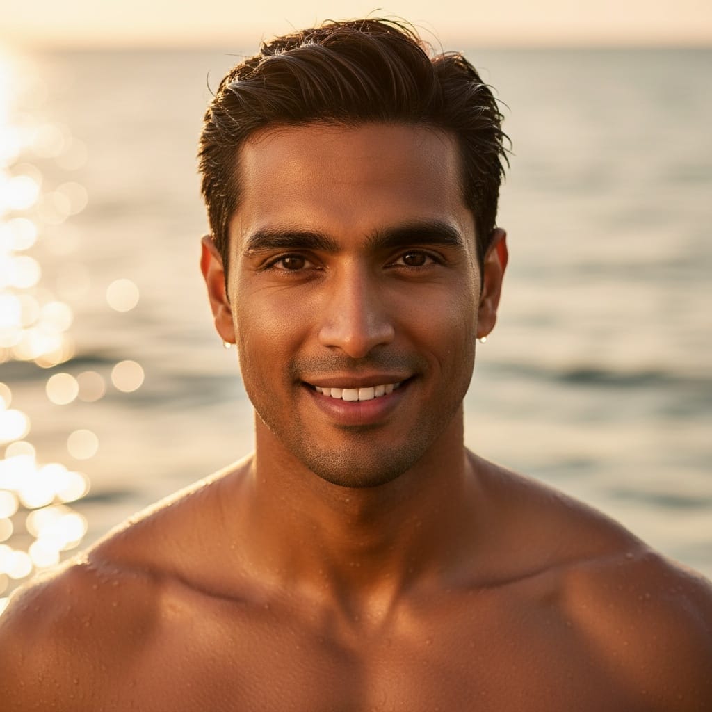 athletic indian man sunset beach portrait closeup 31745133