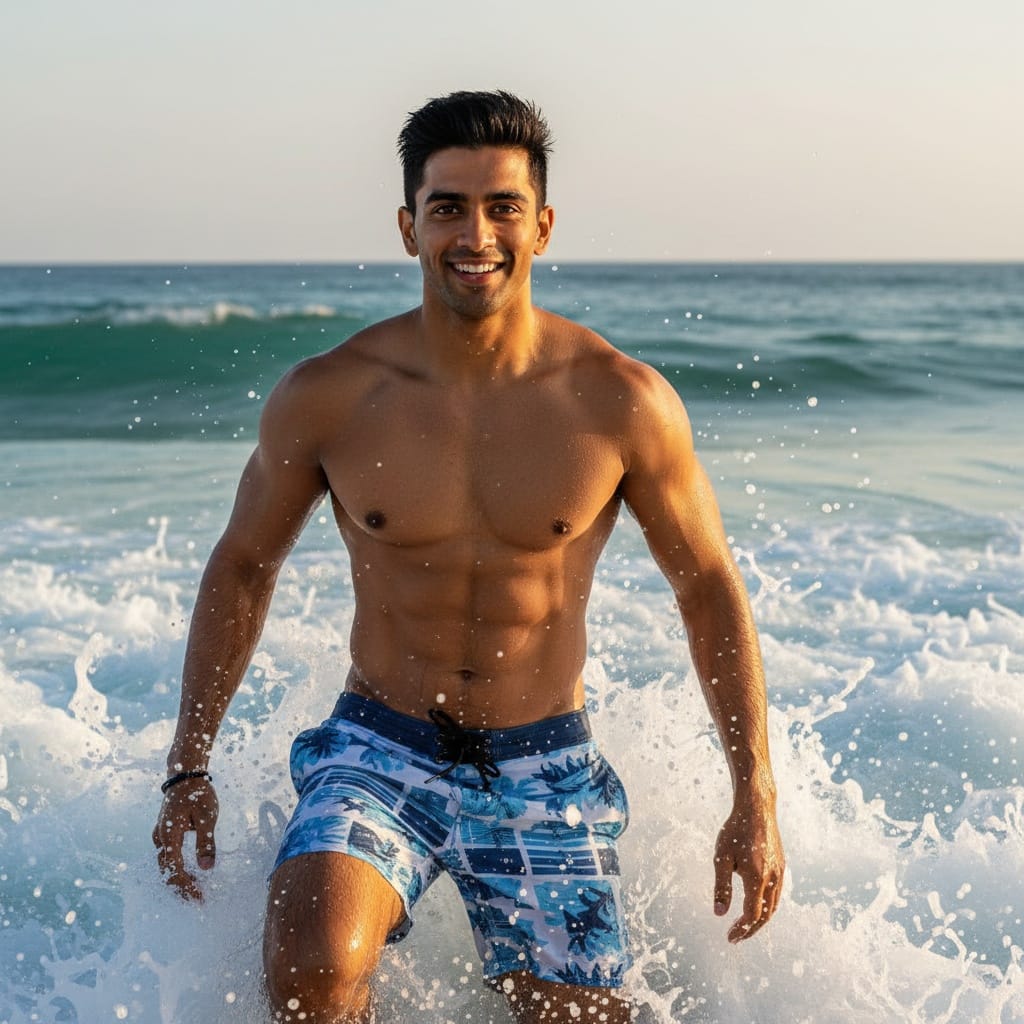 athletic indian man surf and waves action 75553760