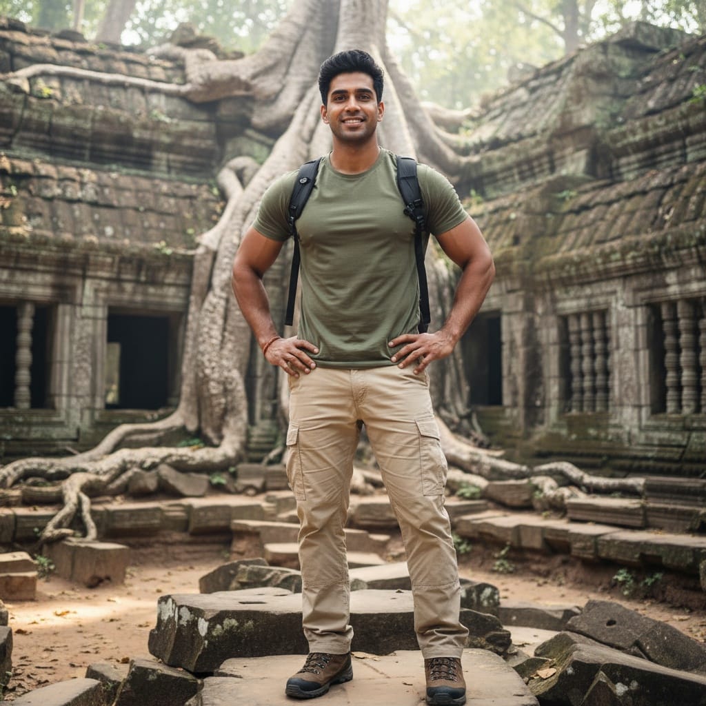 athletic indian man ta prohm jungle temple roots 41287590