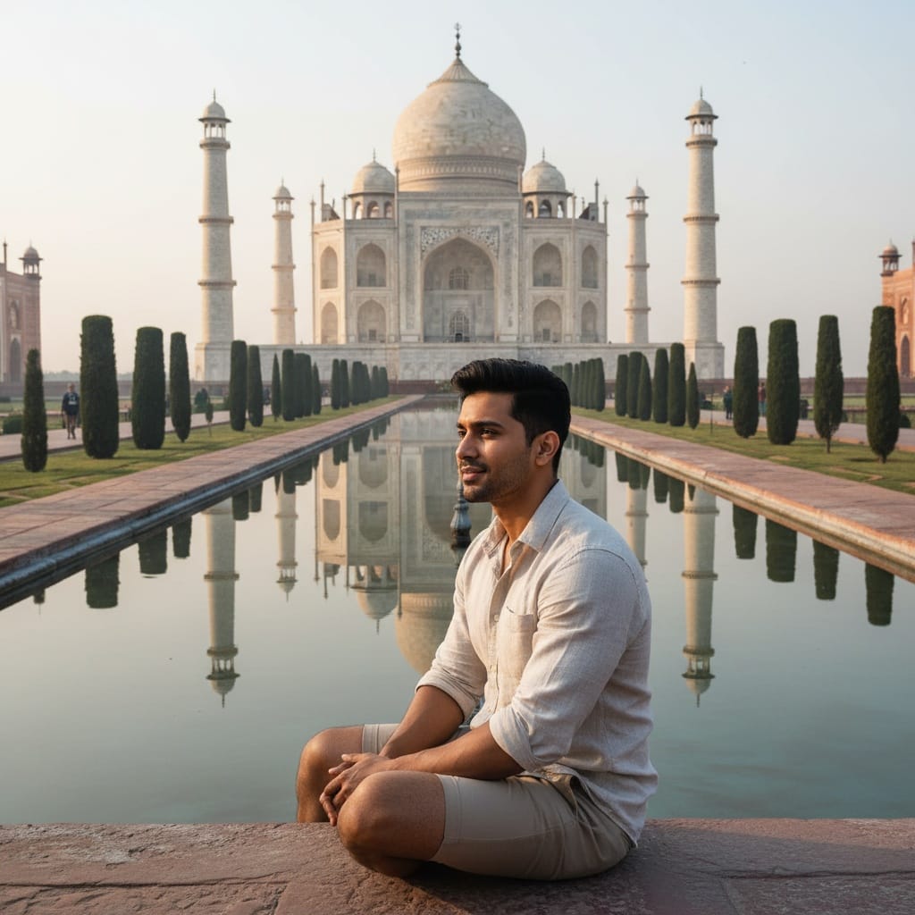 athletic indian man taj mahal reflecting pool 15448447