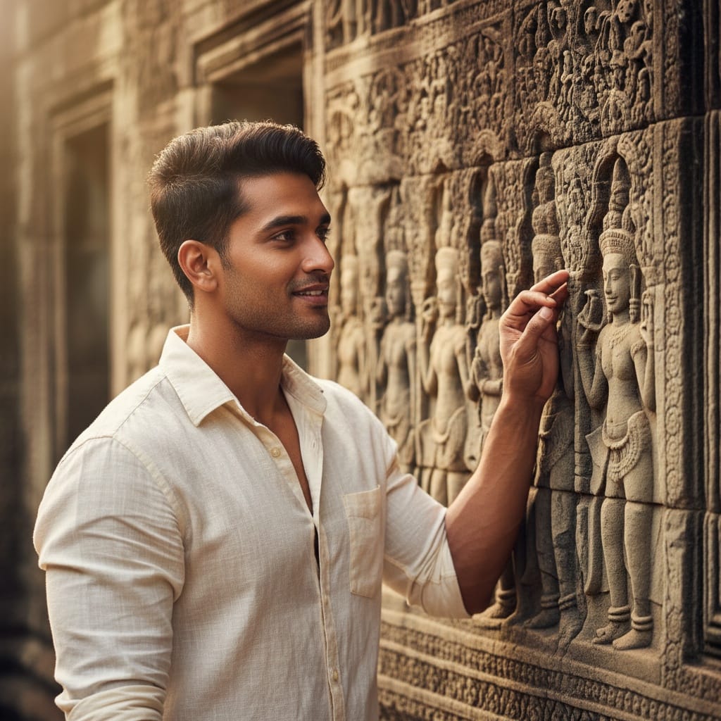 athletic indian man temple bas relief closeup 64061407