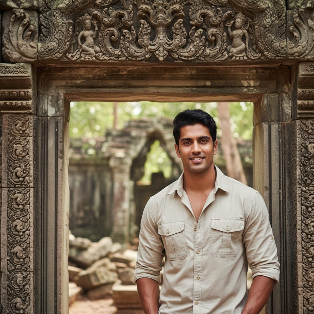 athletic indian man temple doorway framing 97874319