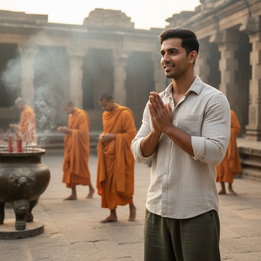 athletic indian man temple monks encounter 72107741