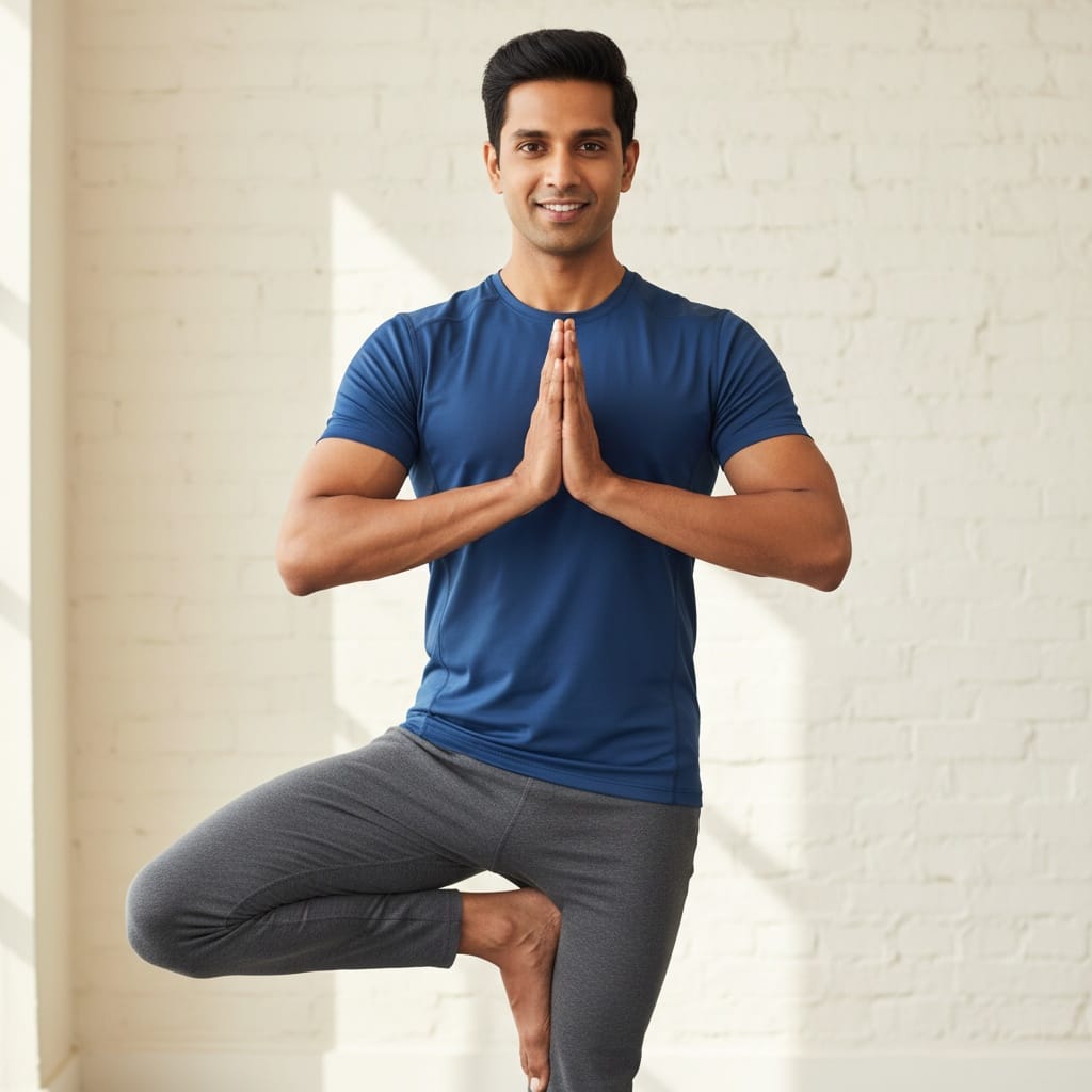 athletic indian man tree pose balance 53531422