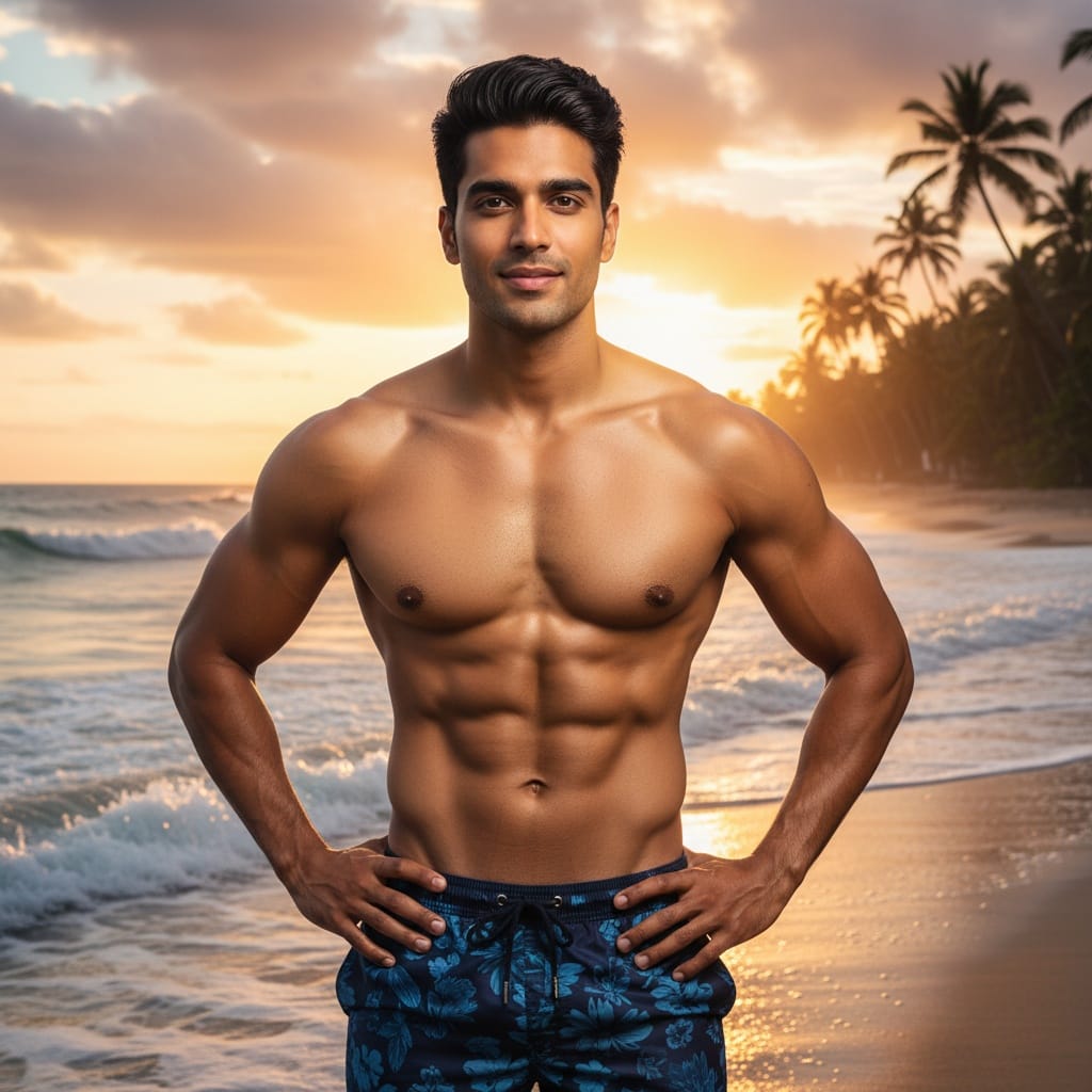 athletic indian man tropical beach golden hour 89791560