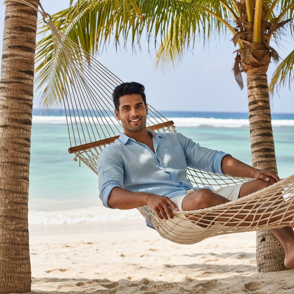 athletic indian man tropical hammock relaxing 71277499
