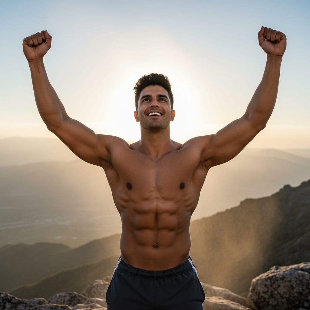 athletic indian man victory arms raised triumph 53452306