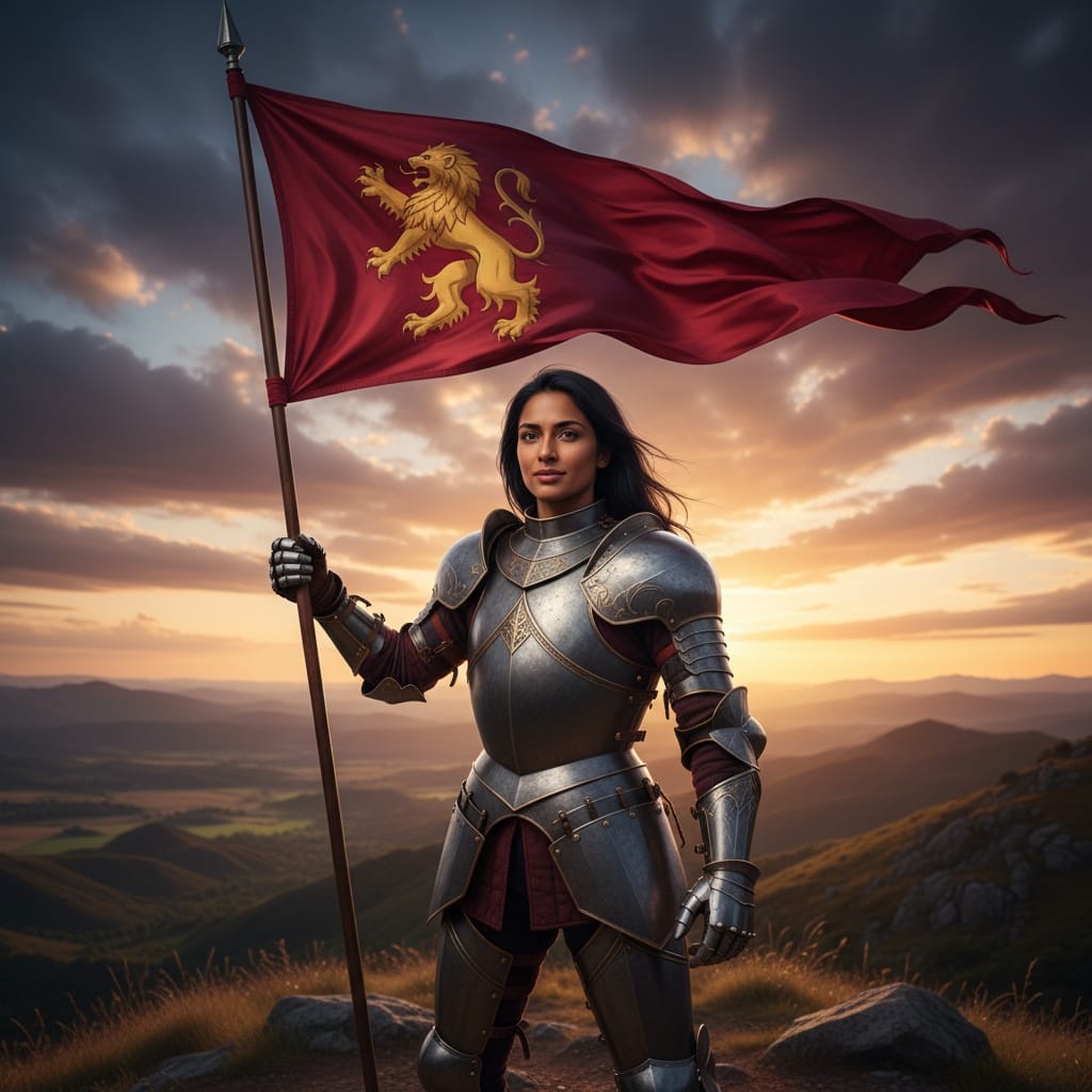 athletic indian woman banner carrier heroic 53074808