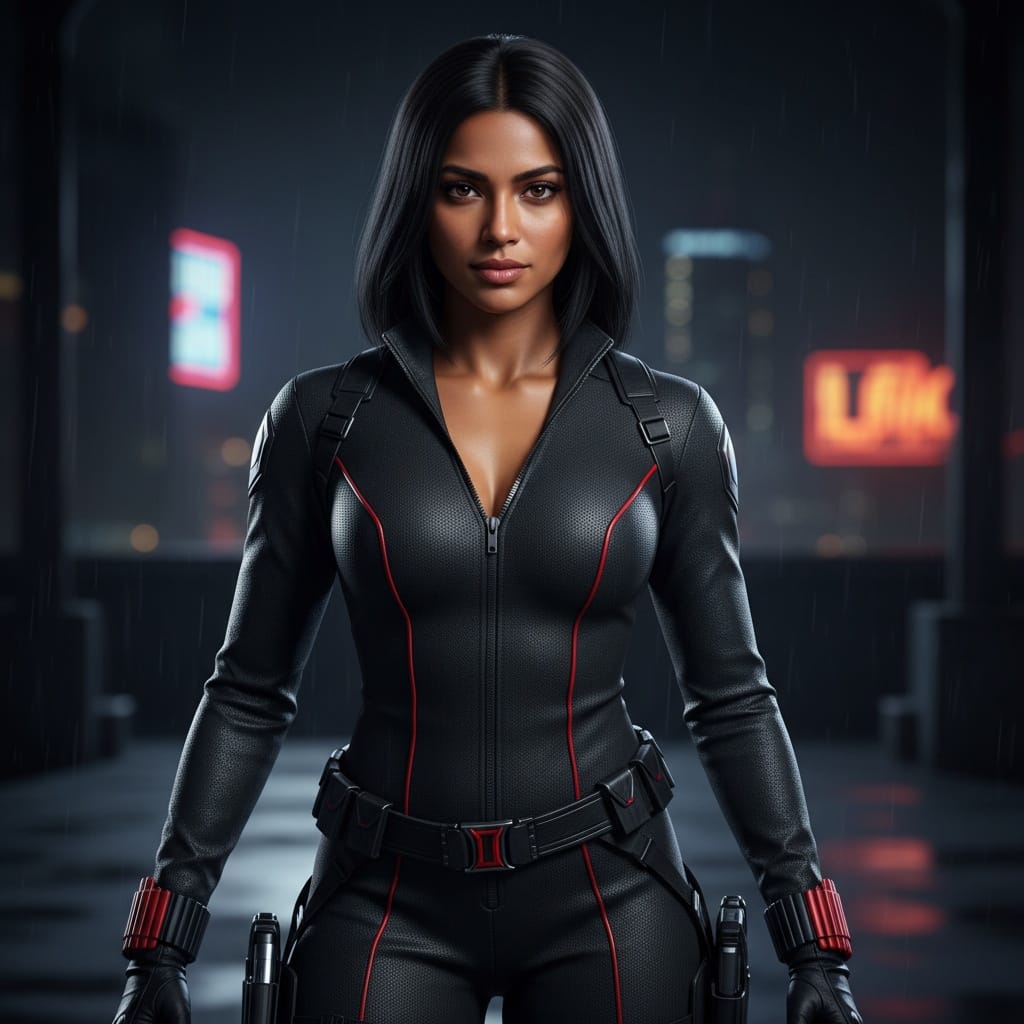 athletic indian woman black widow tactical pose 15063169