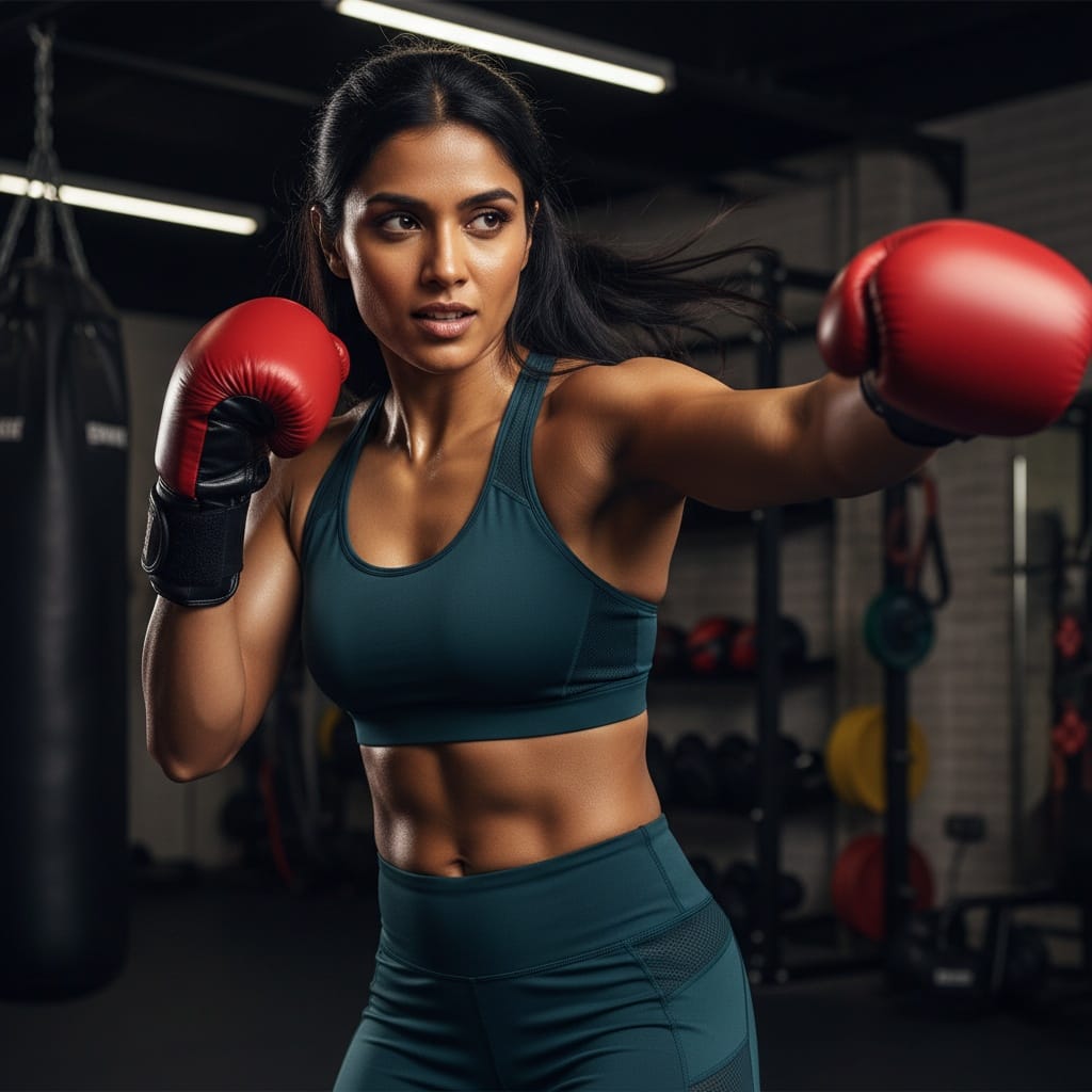 athletic indian woman boxing training intensity 32707195