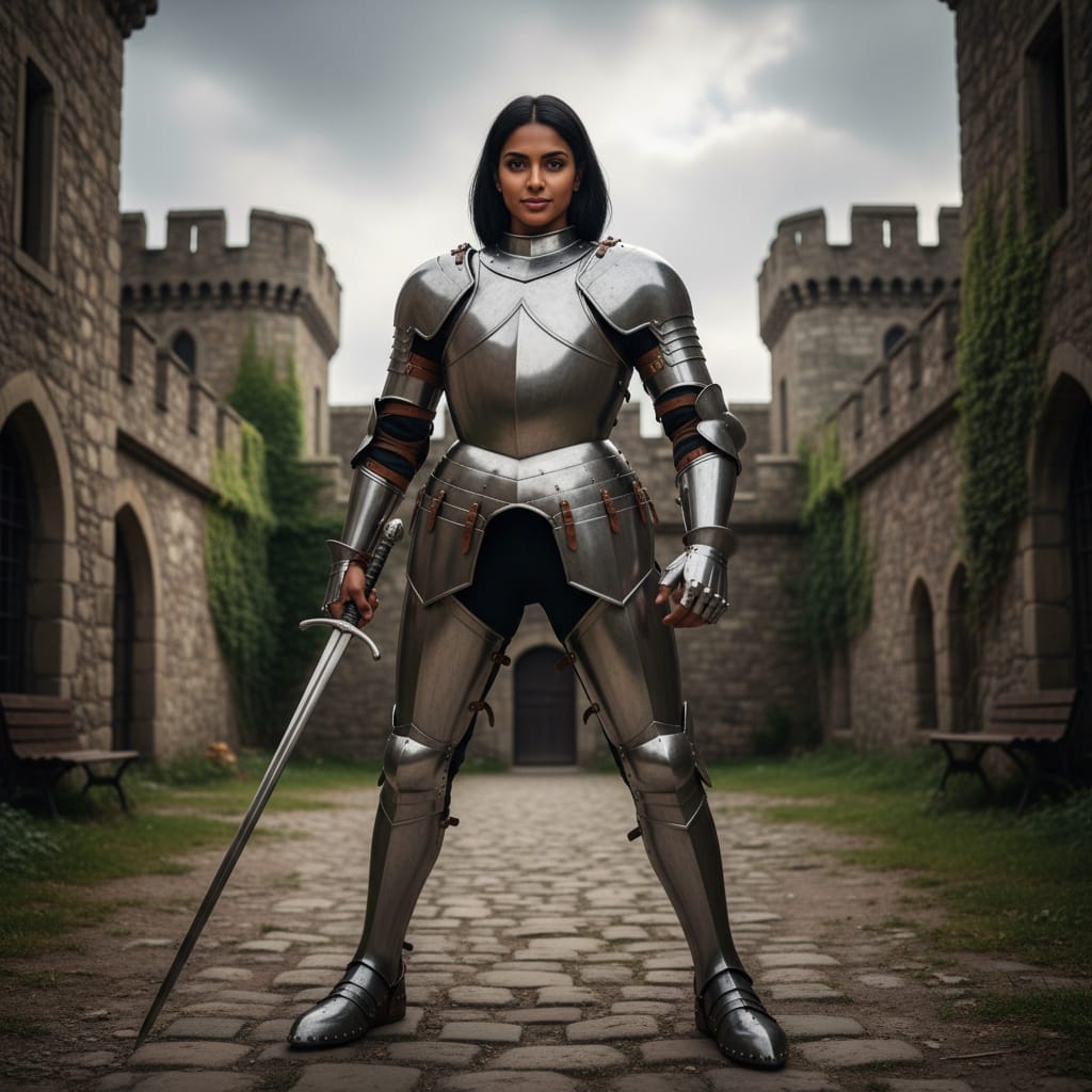 athletic indian woman castle courtyard full armor 55767019
