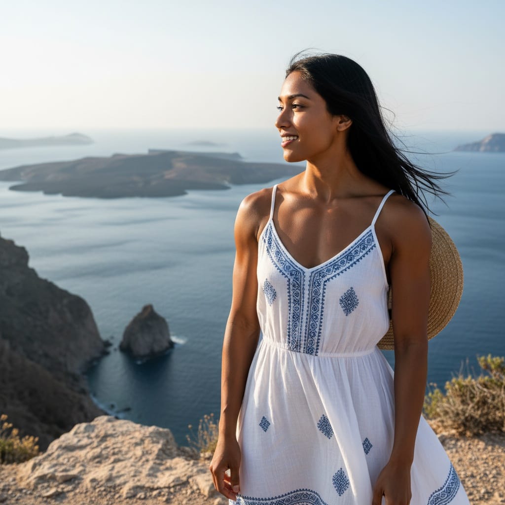 athletic indian woman coastal cliffside view 26304623