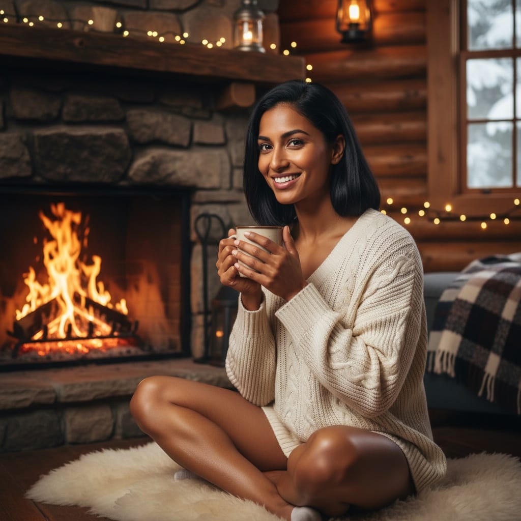 athletic indian woman cozy cabin interior 57279107