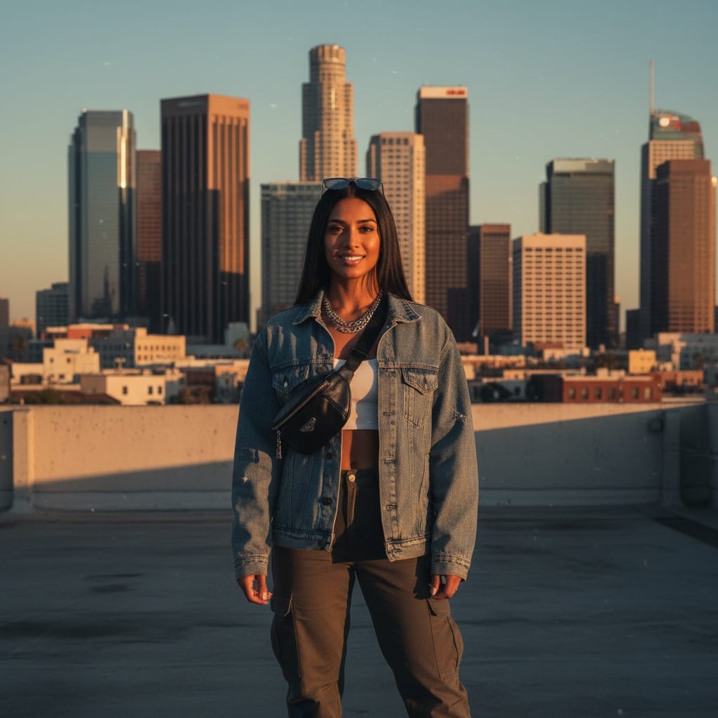 athletic indian woman downtown la rooftop 16798733